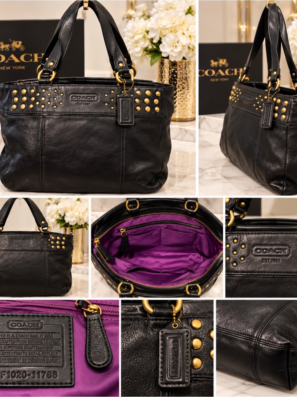 Coach Black Leather Studded Tote Shoulder Bag Gold Studs Purple Lining